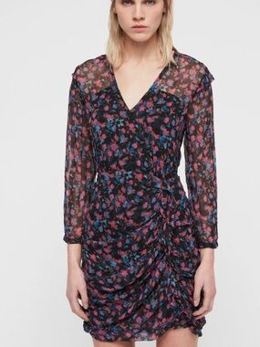 All Saints Black Floral V-Neck Long Sleeve Dress - Women